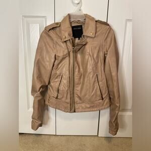 THERAPY TAN FAUX LEATHER WOMENS MOTOR BOMBER ZIPPER JACKET SZ S